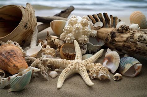 Cierre De Los Tesoros De La Playa Con Conchas De Pez Estrella Y Madera