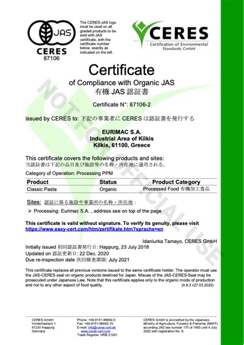 Certificates Eurimac European Pasta Company Sa