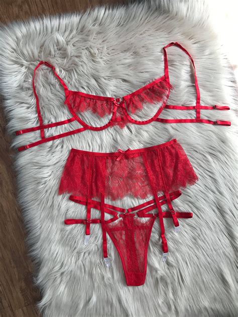 Red Handmade Lingerie Set Bralette Panties And Suspender Etsy