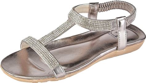 Ladies Diamante Sandals Pewterdark Silver Low Flat Heel Elasticated Strap 8 Size 7 Fit