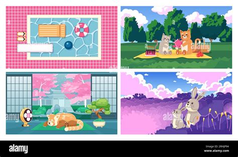 Kawaii Animals Cute Chill Lo Fi Wallpapers Set Stock Vector Image And Art