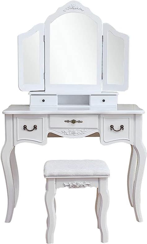 LIYUEUS Vanity Set Tri-fold Mirror White Dresser with Dressing Stool with 5 Storage Drawers with ...