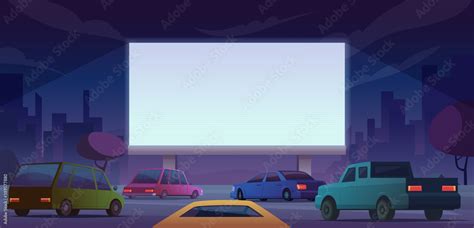 Outdoor cinema. Drive public cinema people watching movie from self cars vector cartoon ...