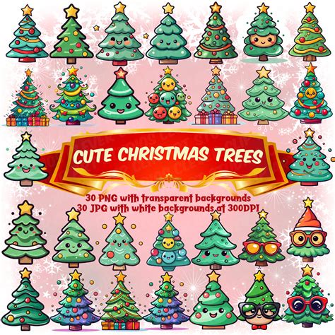 Cute Kawaii Christmas Tree Clipart Bundle Cute Happy Christmas Tree