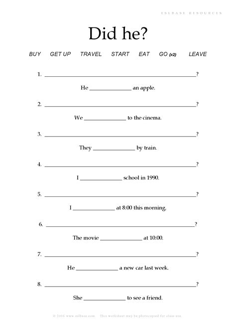 ESL Worksheets Past Simple Questions Eslbase