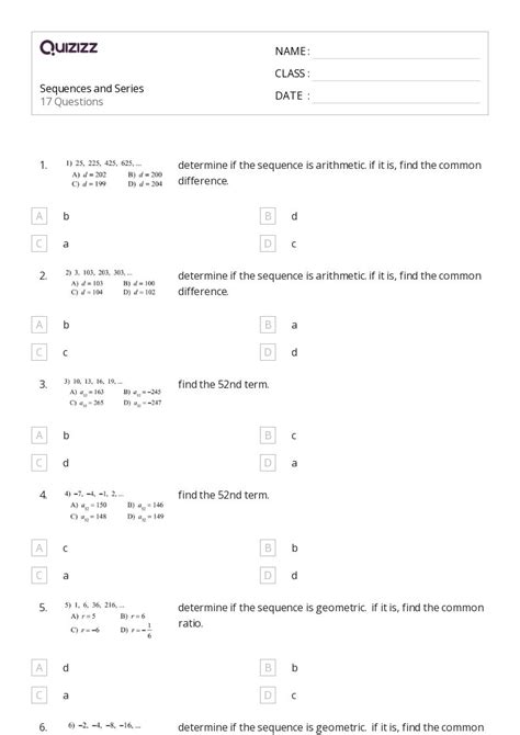 50 Sequences And Series Worksheets For 10th Class On Quizizz Free And Printable