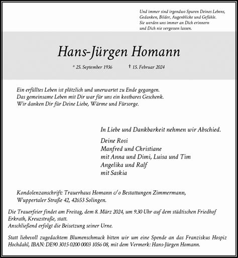 Alle Traueranzeigen für Hans Jürgen Homann trauer rp online de