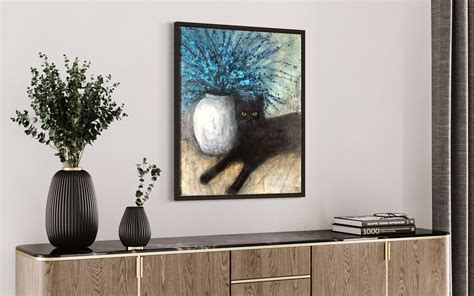 Blue Flowers Abstract Acrylic Painting Black Cats Original On Canvas