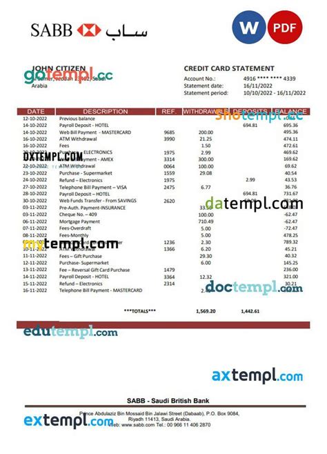 Saudi Arabia Sabb Bank Statement Template In Word And Pdf Format By