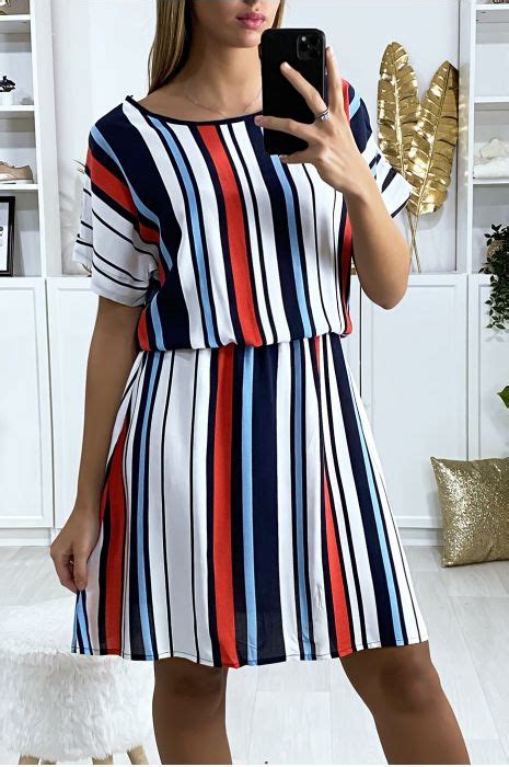 Navy And White Striped Tunic Dress With Elastic Waistband