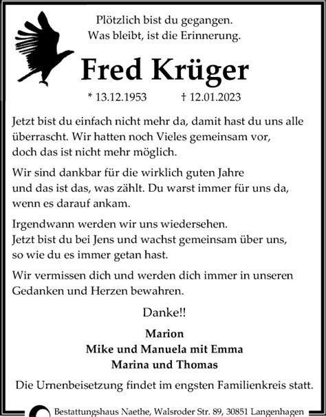 Traueranzeigen Von Fred Kr Ger Trauer Anzeigen De