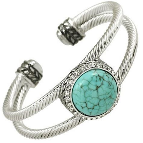 Designer`s Touch Large Turquoise Double Cuff Bracelet Rhinestones