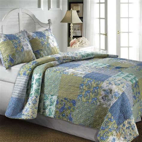 Pc French Cottage Patchwork Paisley Floral Blue Green Cotton Quilt Set