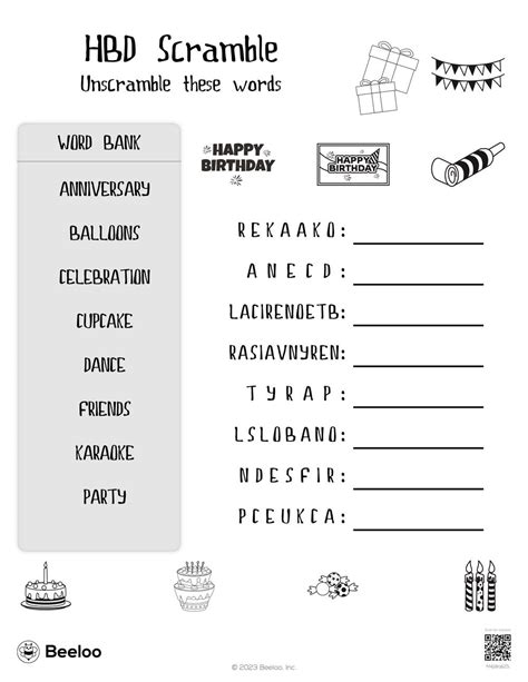 Birthday Themed Word Scrambles • Beeloo Printables