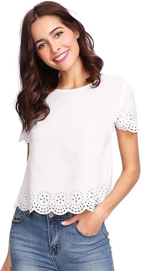 Shein Womens Casual Round Neck Summer Short Sleeve Scallop T Shirt Top