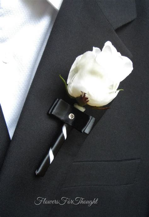 White Rose Boutonniere With Black Ribbon Groomsmen Lapel Decoration