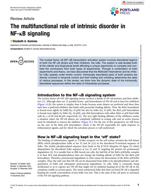 PDF The multifunctional role of intrinsic disorder in NF κB signaling