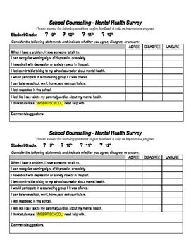 Mental Health Student Survey Editable School Counselor TpT