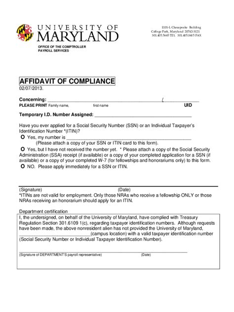 Fillable Online Uhr Umd Affidavit Of Compliance University Of