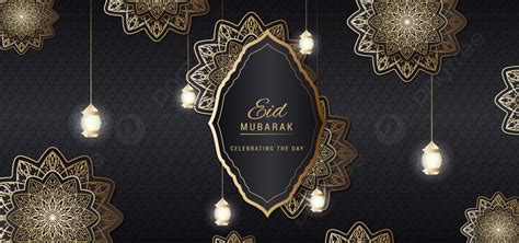 Eid Mubarak Islamic Event In Black And Golden Theme Background Editable