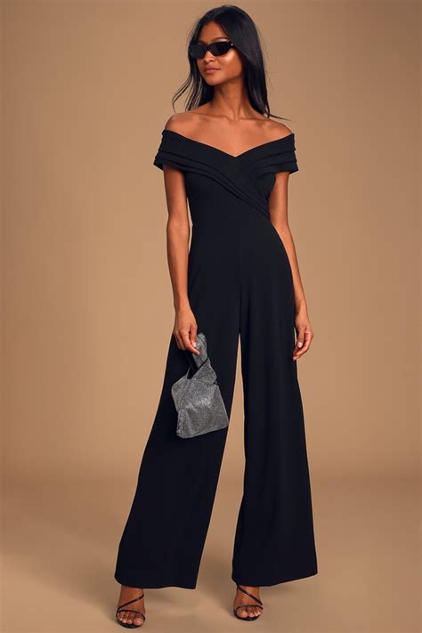 Cute Black Jumpsuit Off The Shoulder Jumpsuit Wide Cut Pants Lulus