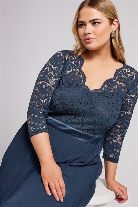 Yours London Plus Size Navy Blue Lace Wrap Pleated Maxi Dress Yours