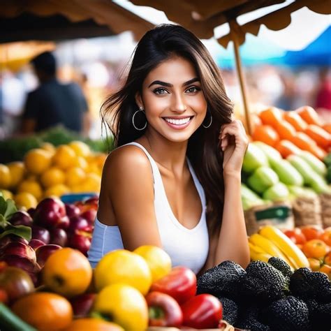 Una Mujer Sonr E Frente A Un Puesto De Frutas Con Una Variedad De