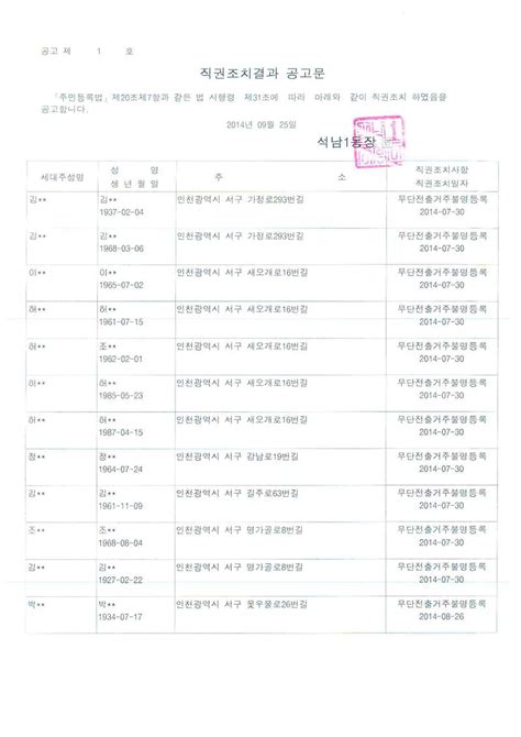 소통1번가 고시공고 주민등록 무단전출자에대한 직권조치 결과 공고 내용 인천광역시 서구소통서구소식고시공고분묘개장고시공고