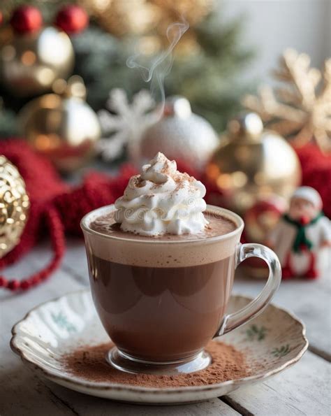 Festive Hot Chocolate With Whipped Cream And Holiday Decorations Stock Image Image Of Whipped