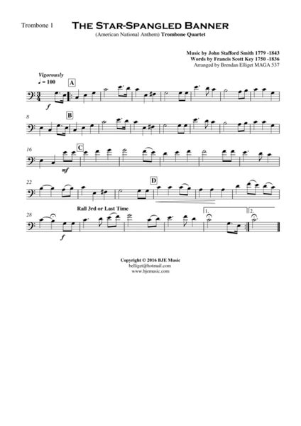 The Star Spangled Banner American National Anthem Trombone Quartet [c] Score And Parts Pdf