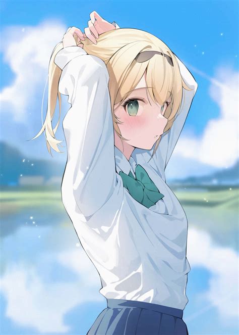 Safebooru 1girl Absurdres Arms Up Bangs Blonde Hair Blue Skirt Blurry