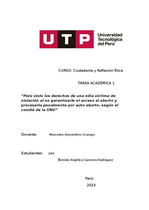 Etica TA1 CURSO Ciudadanía y Reflexión Ética TAREA ACADÉMICA 1 Perú