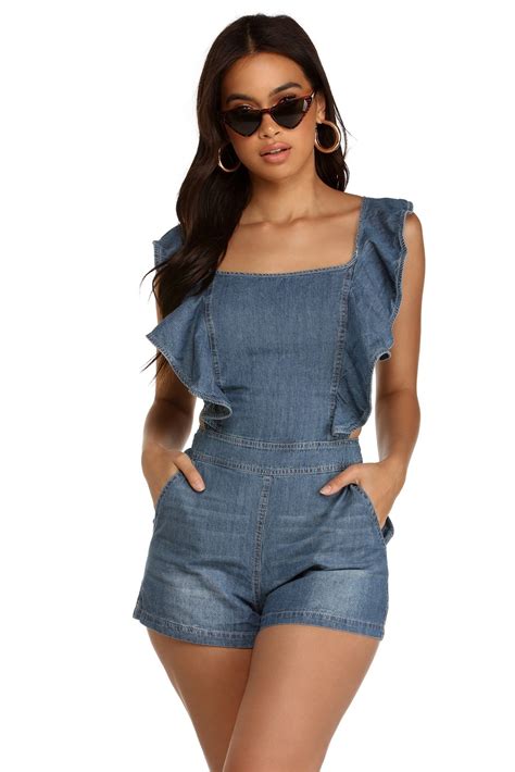 Backless Ruffle Jean Romper Rompers Dressy Jean Romper Rompers