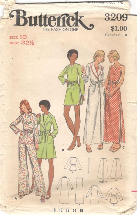 Butterick 3209 1970s Misses Nightgown Pajamas And Robe Pattern Dress