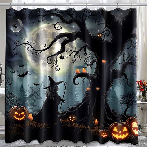 Spooky Halloween Black Tree Witch Pumpkins Moonlit Bathroom Curtain