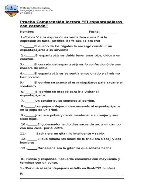 PDF Prueba Comprensión Lectora El Espantapajaro de Corazon DOKUMEN TIPS