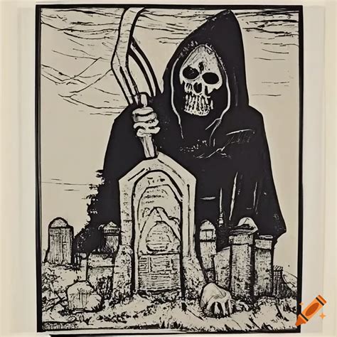 Detailed Etching Of Grim Reaper In A Graveyard On Craiyon