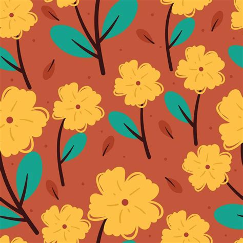 Seamless Pattern Cartoon Flower And Leaves Botanical Wallpaper For