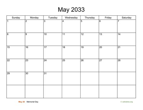 Basic Calendar for May 2033 | WikiDates.org