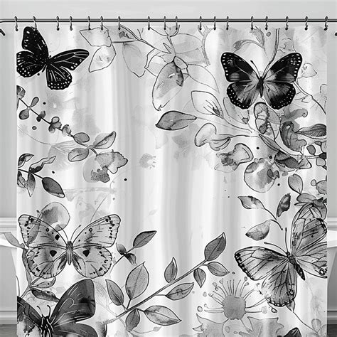 Black And White Butterfly Bathroom Shower Curtain Monochromatic Ink