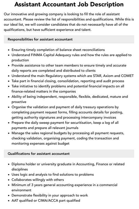 Assistant Accountant Job Description Velvet Jobs