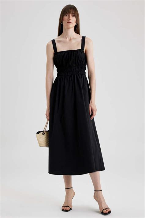 Black Woman Square Neck Poplin Midi Dress Defacto