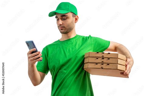 Pizza Delivery Driver with pizza box, smartphone app. Uniform cap and t ...