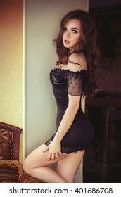 Sexy Brunette Lingerie Model Big Breasts Stock Photo