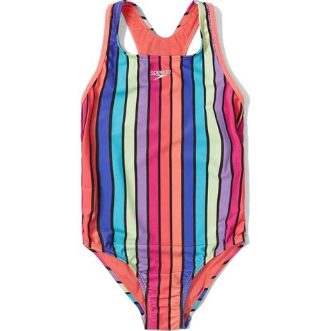 Speedo Girl’s Swimsuit One Piece Closed Racerback Rainbow Stripe Anthracite Speedo Swimwear Sale