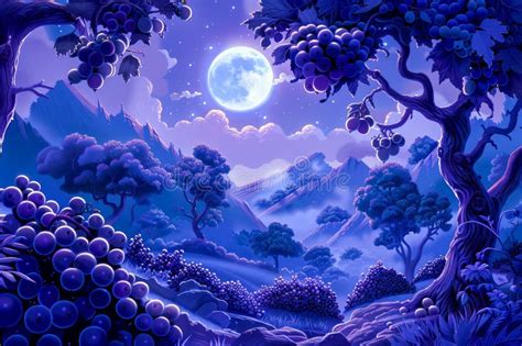 Enchanted Moonlit Purple Landscape with Lush Forest and Mountains Fantasy Nighttime Scenery ...