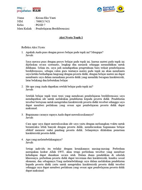 Aksi Nyata Topik 1 Pembelajaran Berdiferensiasi Pdf