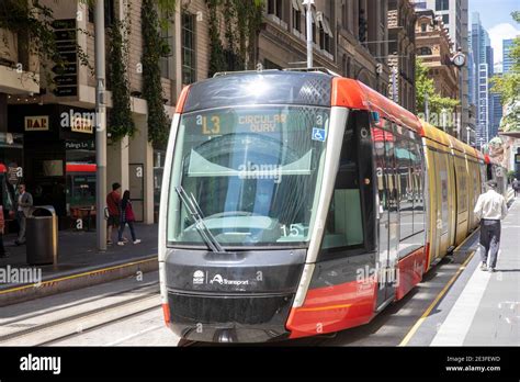 Sydney CBD light rail train running along George Street in Sydney city centre,NSW,Australia ...