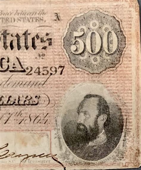 Original Confederate 500 Stonewall Jackson 1864 Note Confederate