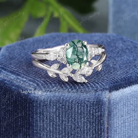 Vintage Oval Moss Agate Engagement Ring Set Unique Engagement Etsy